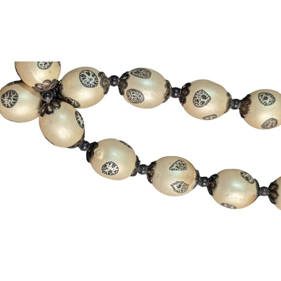 Handcrafted Double-Strand Cream Bead Necklace  Black Accents Floral Etched - Picture 4 of 6